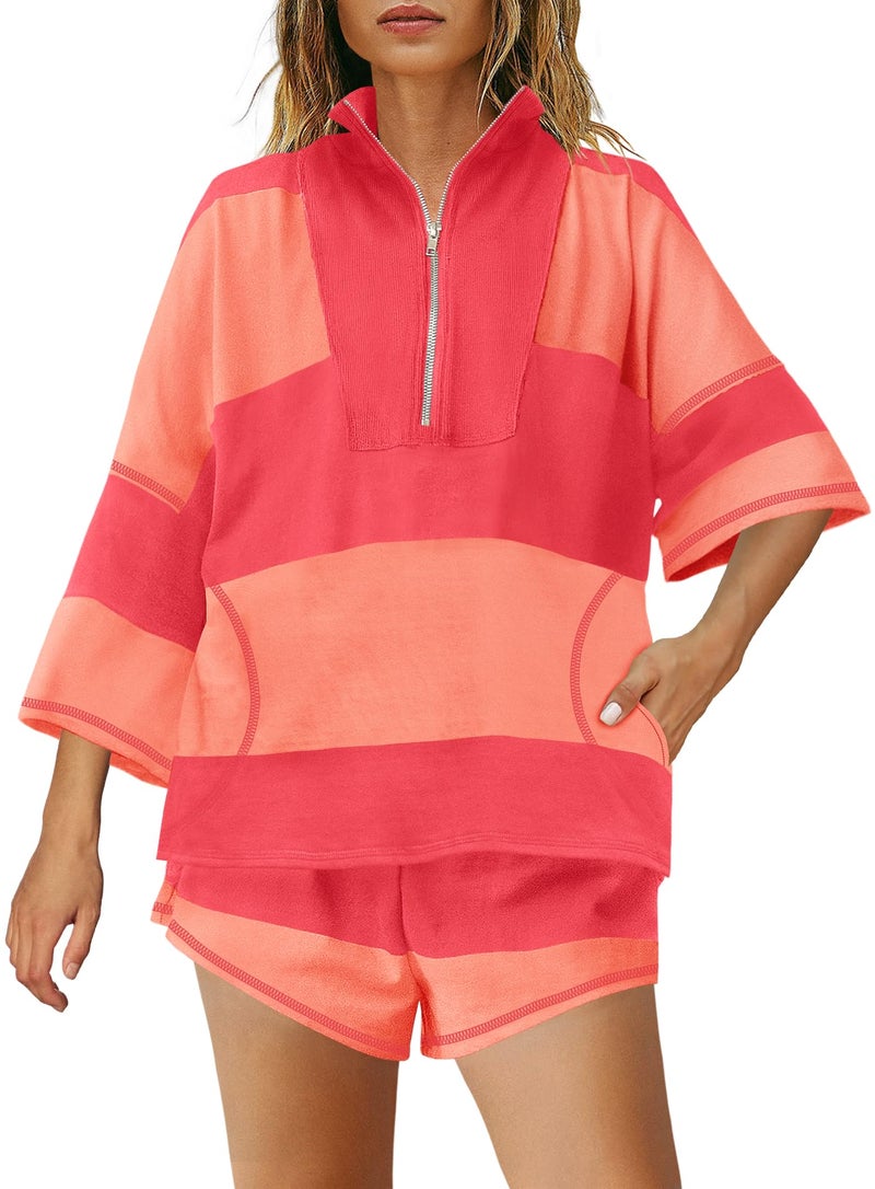 Yanekop Womens 2 Piece Outfits Summer Striped Lounge Set Two Piece Matching Workout Sets Oversized Short Sets Tracksuits(Coral Combo,XS) - Image 3