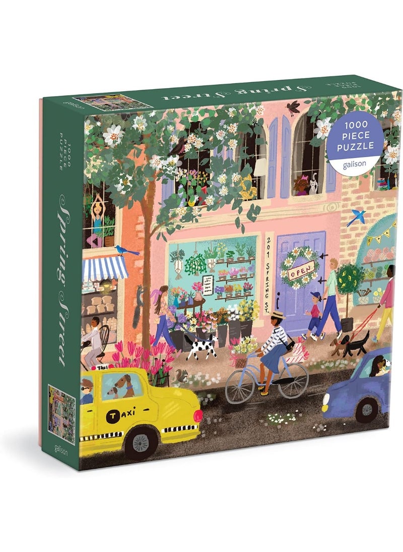 Galison Galison Spring Street 1000 Piece Puzzle in a Square Box from Galison - 1000 Piece Puzzle for Adults, Beautiful Illustrations from Joy Laforme, Thick and Sturdy Pieces  - Image 1
