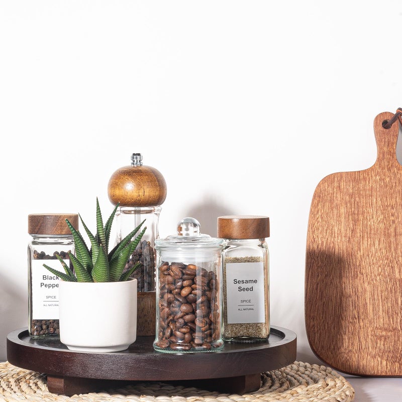 zoocatia Round Decorative Tray Wood Bathroom Counter Organizer Farmhouse Kitchen Decor Wooden Riser for Soap Dish, Perfume, Candle, Sponge, 10" - Walnut - Image 3
