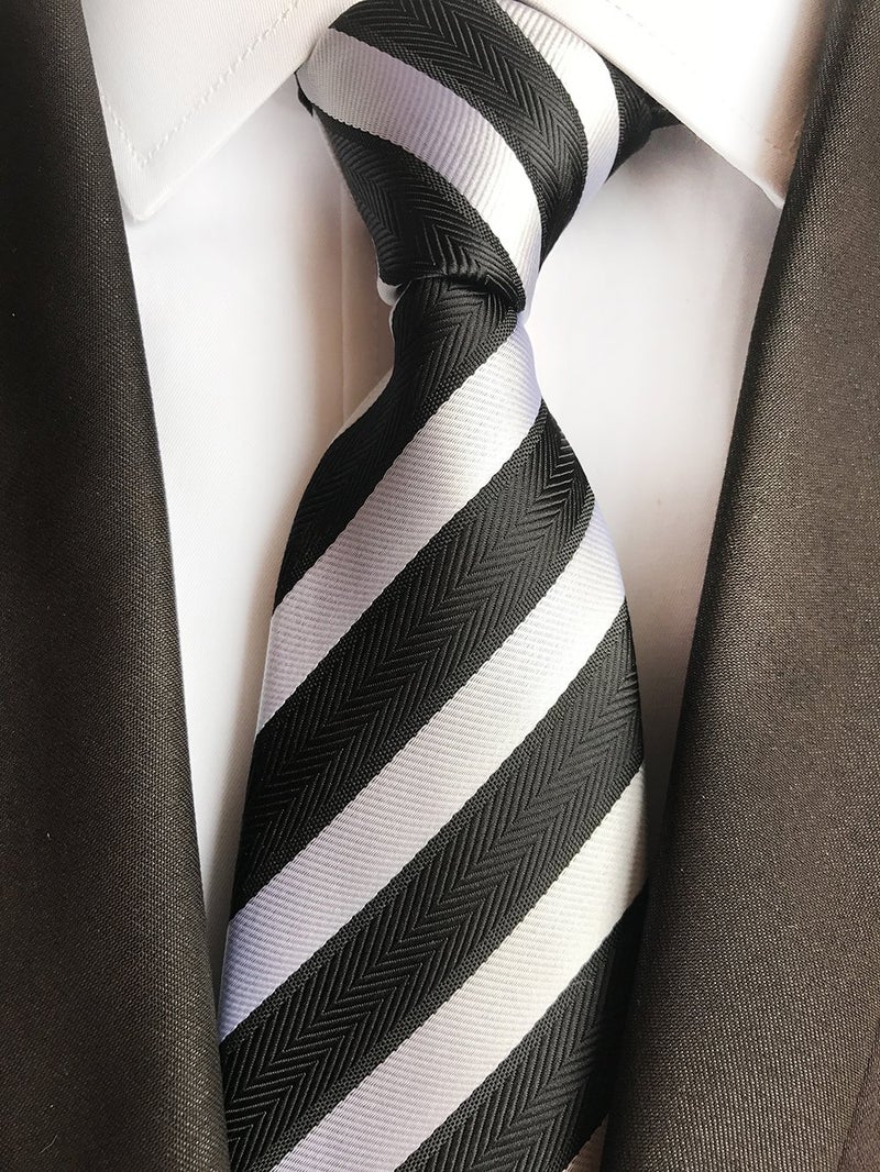 Elfeves Men Repp Black and WHIte Slim Ties Narrow Striped Woven Office Matching Neckties - Image 2