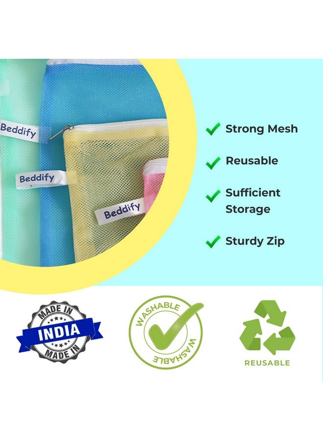 Beddify Set of 9 Reusable Fridge Storage Bags for Vegetables and Fruits with Zipper Dual Layer Mesh Net Multipurpose Multi-Size Kitchen Storage Bags Organizer (Multi-Color) - Image 4