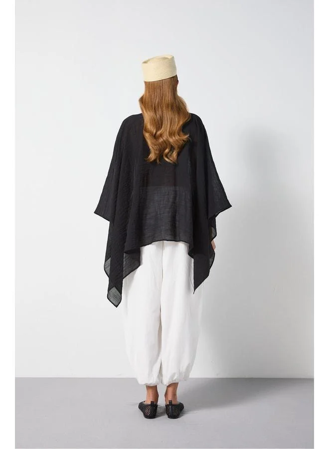 mina aise Women's Black Premium Fabric Collar Tie Detailed Poncho 31170.