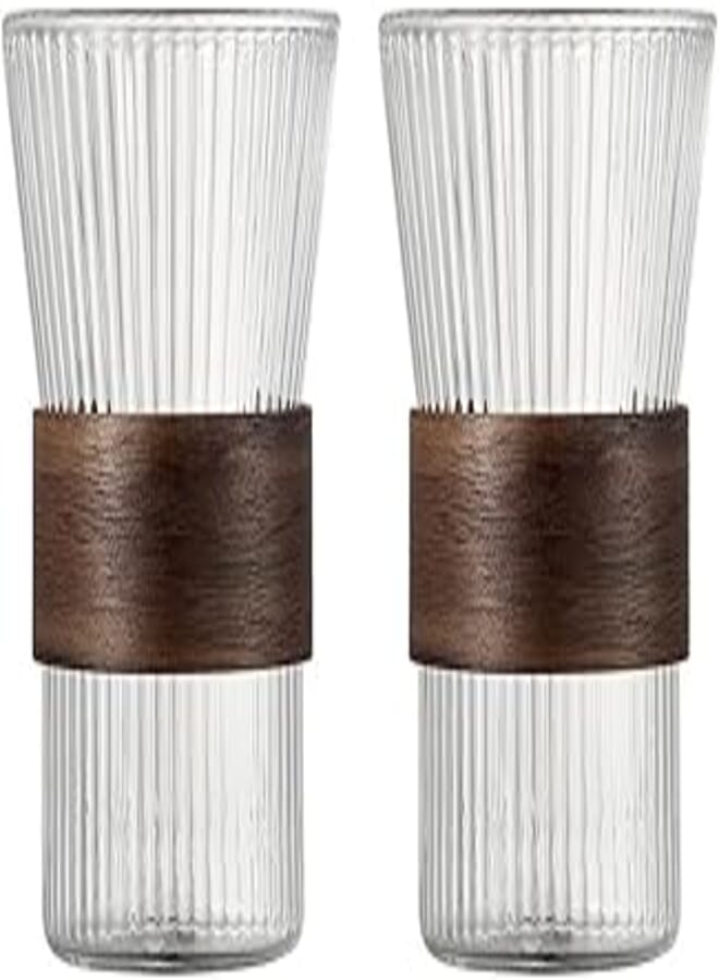 200ml Ribbed Glass Cups with Wooden Shape Anti-Slip Ring, Fits Mocha, Latte, Cappuccino, Wide Mouth Hot Drinks 