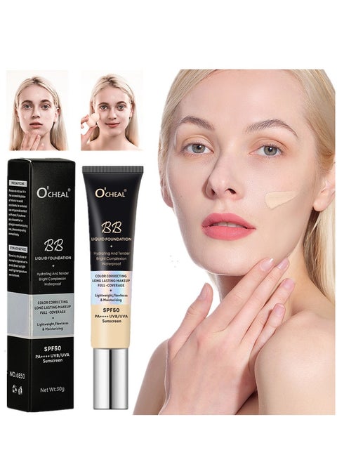 BB Liquid Foundation With SPF 50+, Color Correcting Long Lasting Makeup Full Coverage With SPF 50+  PA++++ UVB/UVA Whitening Sunscreen, Brightening Face Cream, Skin Tone Adjusting BB Cream, Ivory