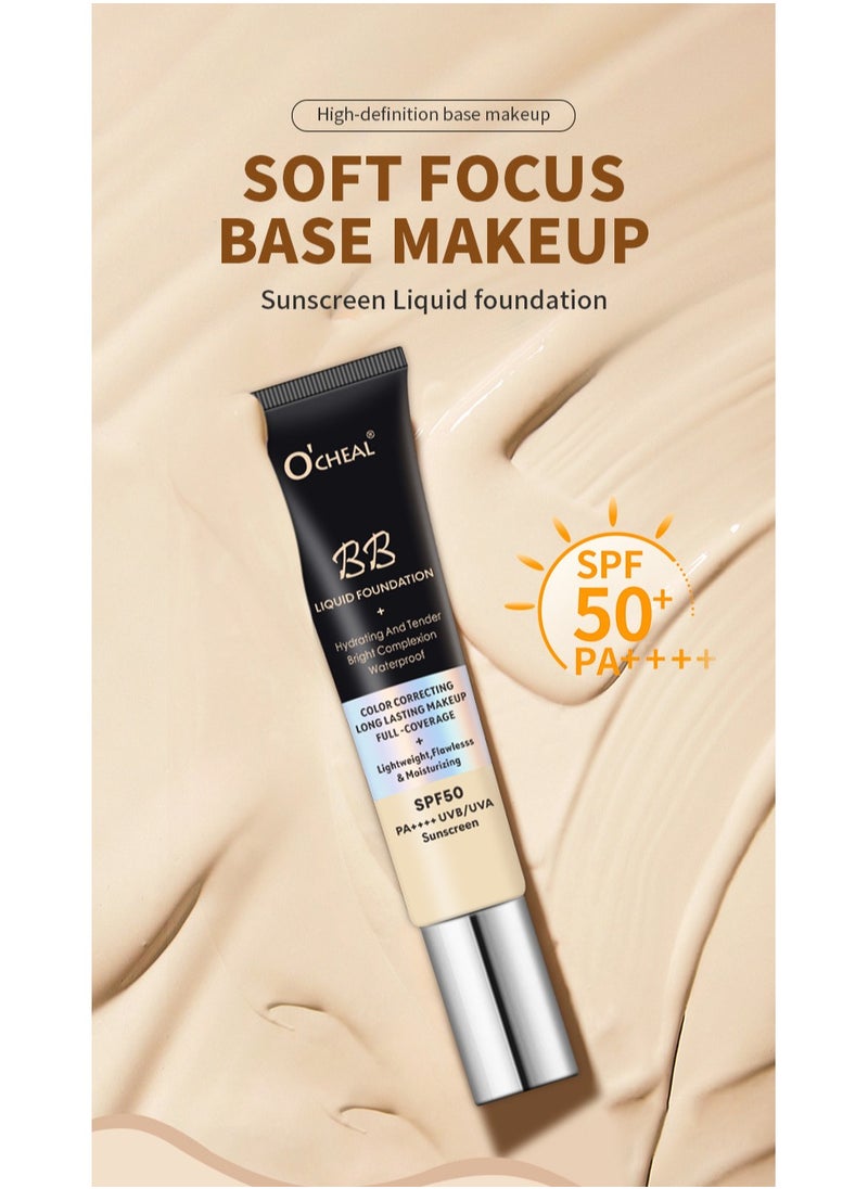 BB Liquid Foundation With SPF 50+, Color Correcting Long Lasting Makeup Full Coverage With SPF 50+  PA++++ UVB/UVA Whitening Sunscreen, Brightening Face Cream, Skin Tone Adjusting BB Cream, Ivory