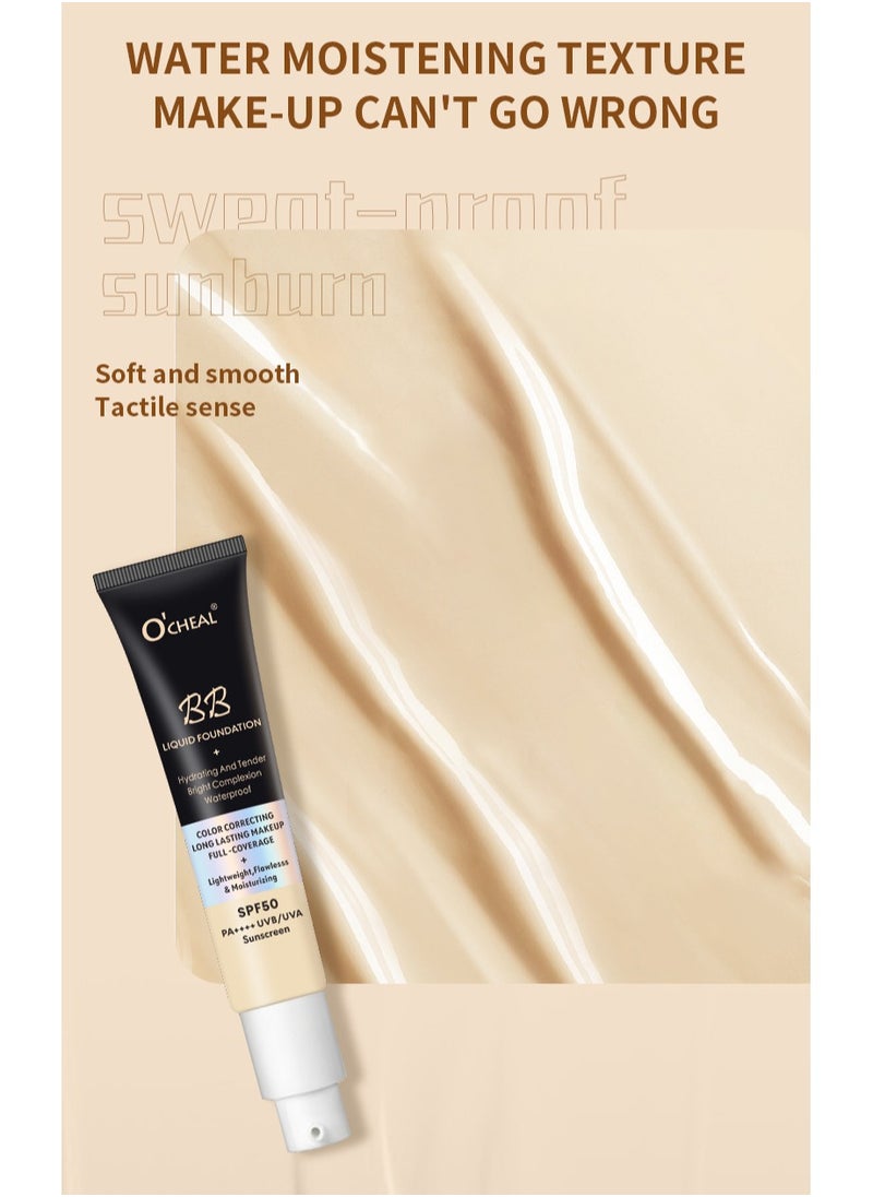 BB Liquid Foundation With SPF 50+, Color Correcting Long Lasting Makeup Full Coverage With SPF 50+  PA++++ UVB/UVA Whitening Sunscreen, Brightening Face Cream, Skin Tone Adjusting BB Cream, Ivory