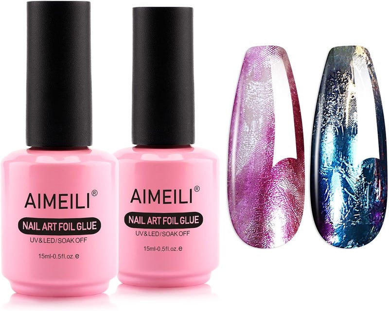 AIMEILI Hema-Free Nail Foil Glue Gel for Foil Stickers Nail Transfer Tips, Nail Art Foils Self-Adhesive, Foil Sticker Transfers, Nail Art Foil Glue Gel UV LED Cure Needed 2 x 15ML - Image 1