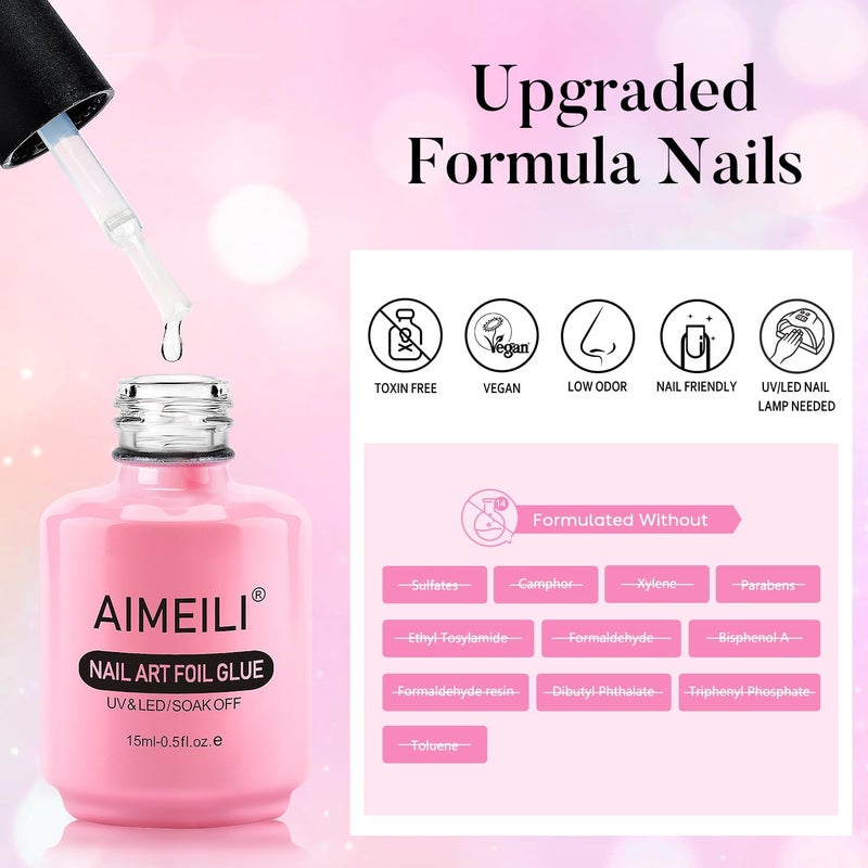 AIMEILI Hema-Free Nail Foil Glue Gel for Foil Stickers Nail Transfer Tips, Nail Art Foils Self-Adhesive, Foil Sticker Transfers, Nail Art Foil Glue Gel UV LED Cure Needed 2 x 15ML - Image 2