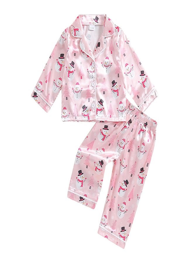 fyclemt Toddler Boy Girl Christmas Pajamas Santa Plaid Long Sleeves Shirt Pajama Pants Set Kids Satin Silk Nightgown Outfits (Pink Christmas Snowman Print, 3-4 Years) - Image 1