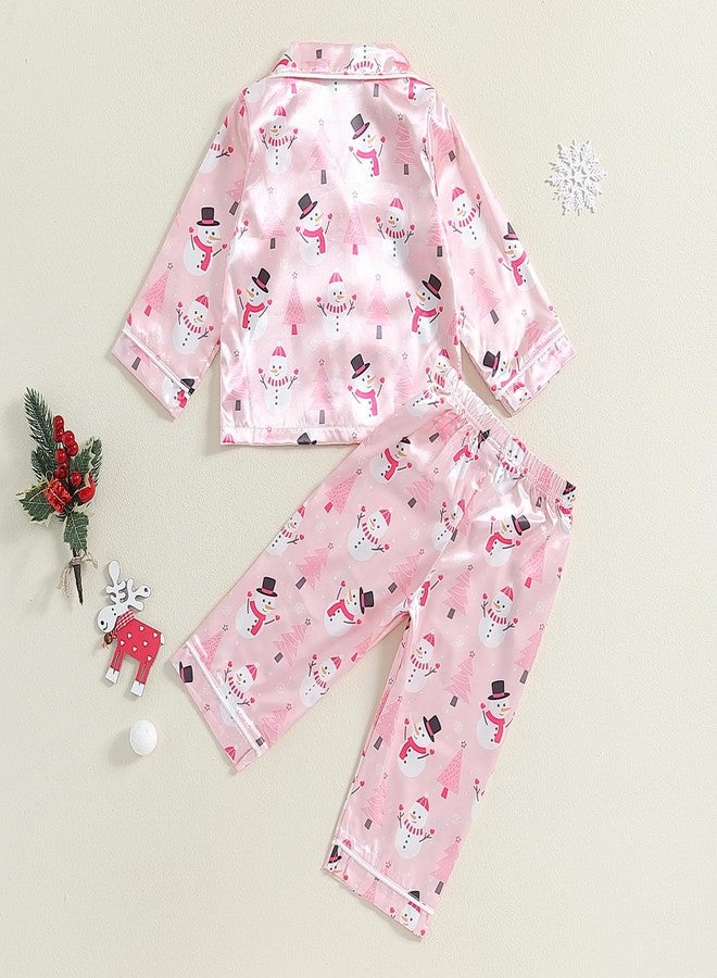 fyclemt Toddler Boy Girl Christmas Pajamas Santa Plaid Long Sleeves Shirt Pajama Pants Set Kids Satin Silk Nightgown Outfits (Pink Christmas Snowman Print, 3-4 Years) - Image 4