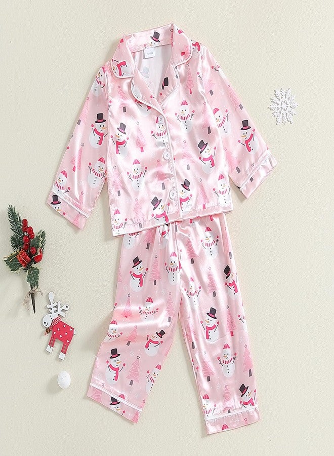 fyclemt Toddler Boy Girl Christmas Pajamas Santa Plaid Long Sleeves Shirt Pajama Pants Set Kids Satin Silk Nightgown Outfits (Pink Christmas Snowman Print, 3-4 Years) - Image 5