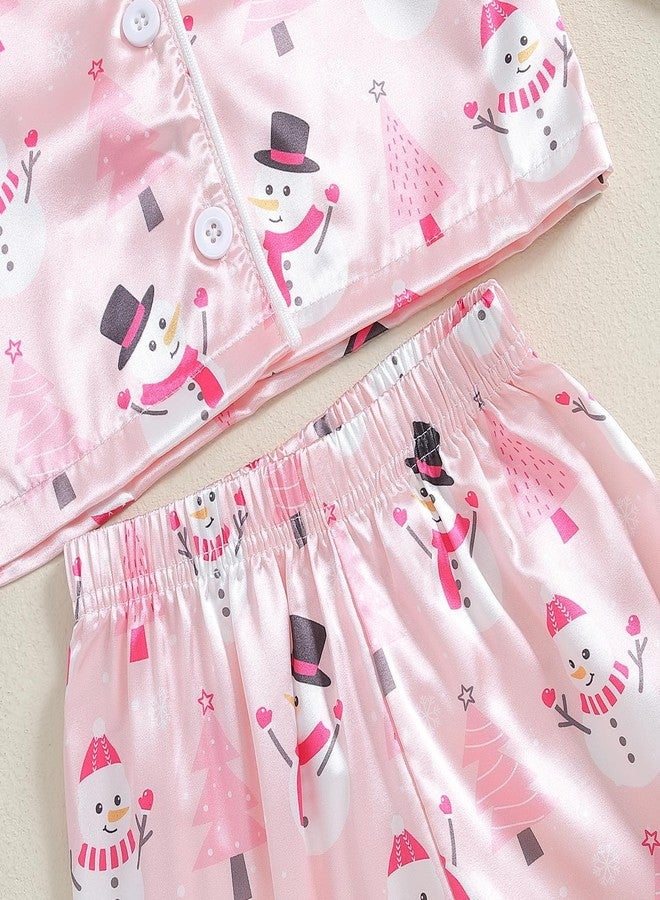 fyclemt Toddler Boy Girl Christmas Pajamas Santa Plaid Long Sleeves Shirt Pajama Pants Set Kids Satin Silk Nightgown Outfits (Pink Christmas Snowman Print, 3-4 Years) - Image 2