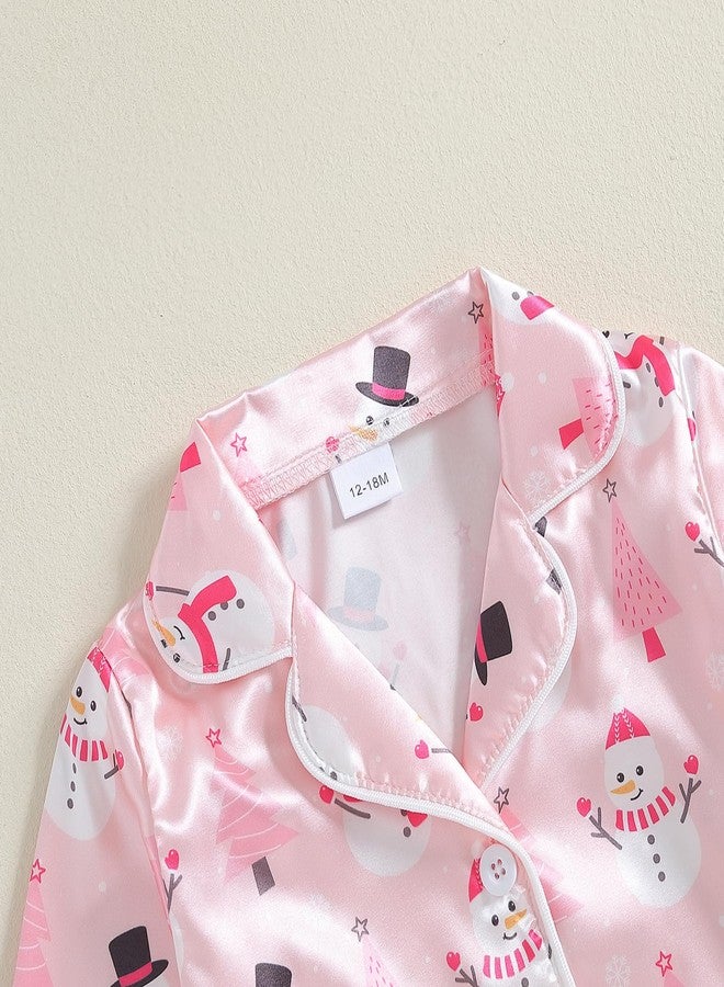 fyclemt Toddler Boy Girl Christmas Pajamas Santa Plaid Long Sleeves Shirt Pajama Pants Set Kids Satin Silk Nightgown Outfits (Pink Christmas Snowman Print, 3-4 Years) - Image 3