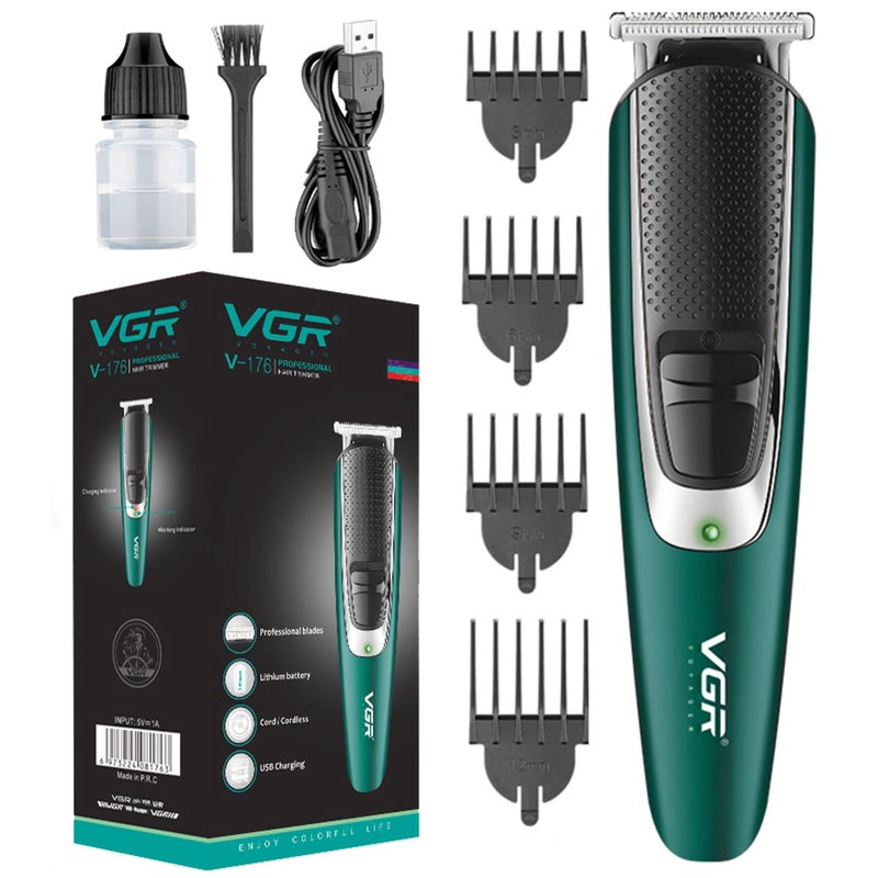 VGR, V176 Cordless Professional Hair Clipper Runtime 120 min Trimmer for Men with 4 Guide Combs, Green, Standard, 1 count (V-176)