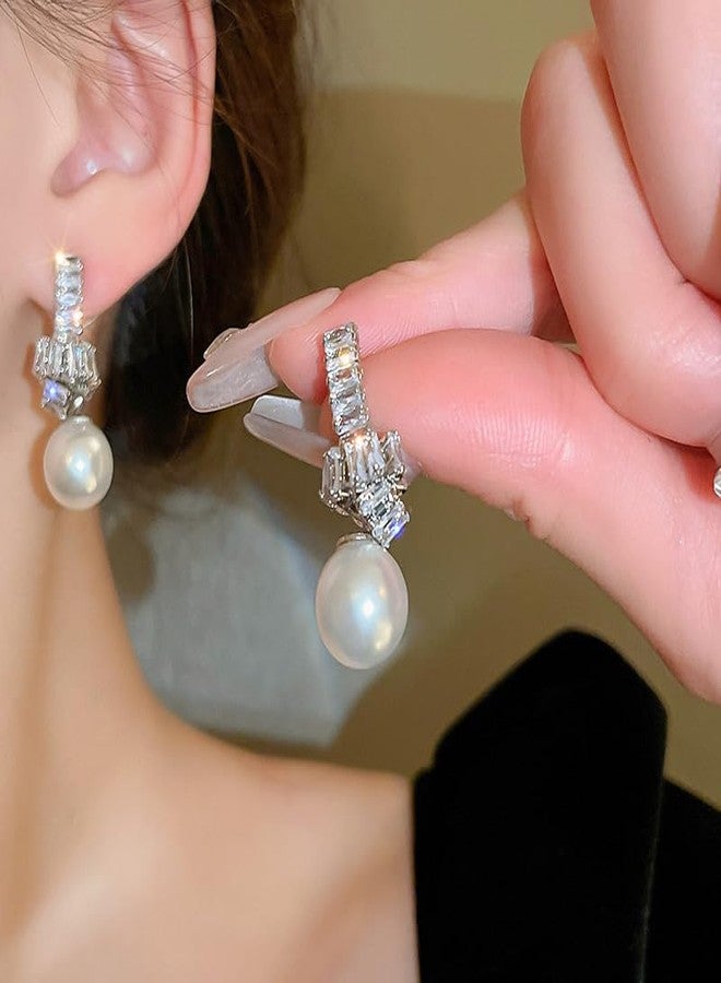 BERYUAN Elegant Pearl Zircon Rhinestone Dangle Drop Earrings Silver Statement Earrings Sparkly Zircon Rhinestone Pearls Chandelier Earrings Wedding Party Jewelry Gift - Image 2