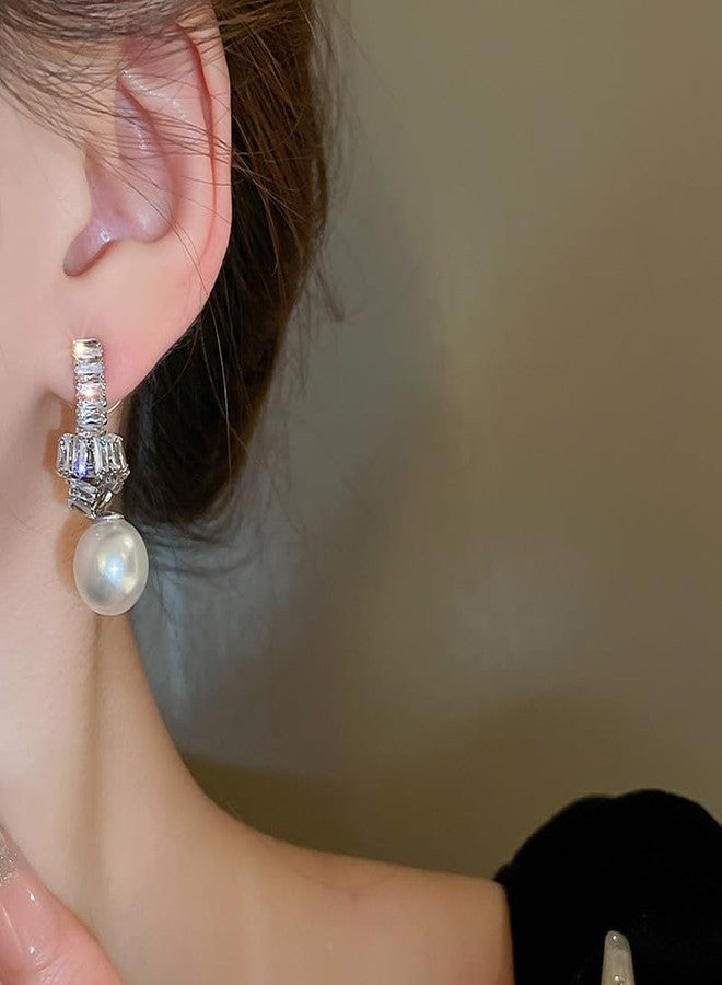 BERYUAN Elegant Pearl Zircon Rhinestone Dangle Drop Earrings Silver Statement Earrings Sparkly Zircon Rhinestone Pearls Chandelier Earrings Wedding Party Jewelry Gift - Image 3