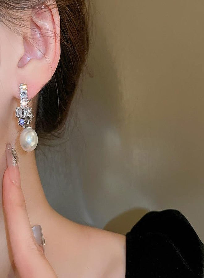 BERYUAN Elegant Pearl Zircon Rhinestone Dangle Drop Earrings Silver Statement Earrings Sparkly Zircon Rhinestone Pearls Chandelier Earrings Wedding Party Jewelry Gift - Image 4