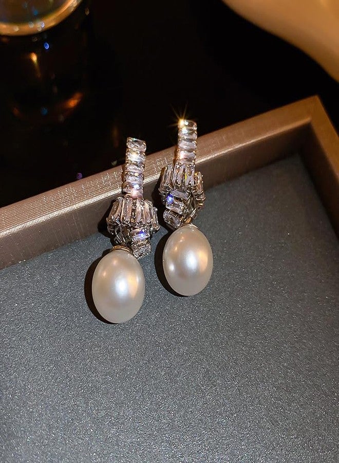 BERYUAN Elegant Pearl Zircon Rhinestone Dangle Drop Earrings Silver Statement Earrings Sparkly Zircon Rhinestone Pearls Chandelier Earrings Wedding Party Jewelry Gift - Image 5