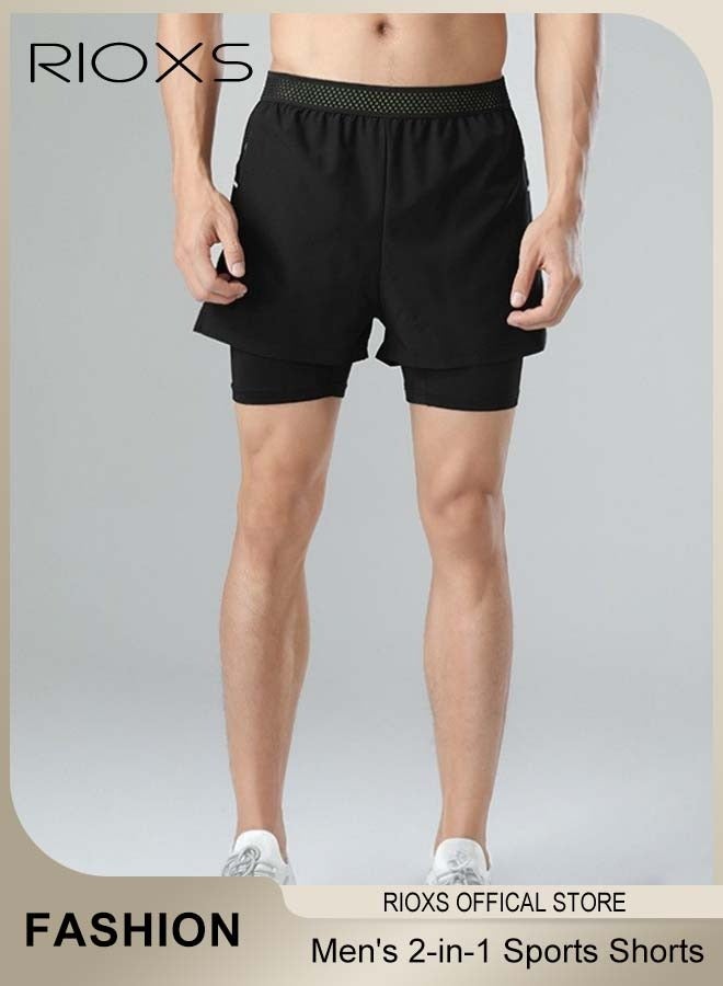 RIOXS Men's 2-in-1 Running Shorts Quick Dry Breathable Sports Shorts Jogging Marathon Bicycle Shorts Swimming Shorts  - Image 1