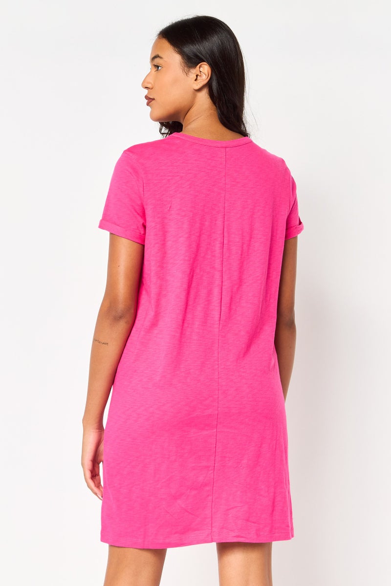 GAP فستان نسائي بأكمام قصيرة و ياقة دائرية، وردي - Image 4