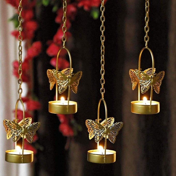 BUTTERFLY HANGING TEALIGHT CANDLE HOLDER FOR HOME DECOR INDOOR AND OUTDOOR DECORATION DIWALI GIFTING ITEM PACK OF 4 PCS GOLD