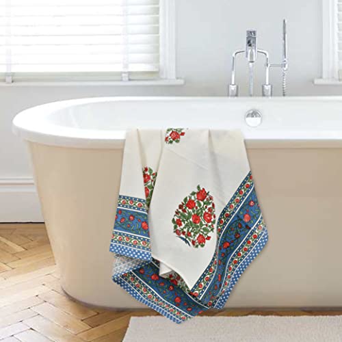 EasyGoods® Waffle Towels Beautiful Pure Cotton Hand Block Printed Soft Water Absorbent Towels- Pack of 3-1 Bath Towel and 2 Hand Towels Floral Printed 100% Cotton Towels for Bath, Face(Water Blue) - Image 2
