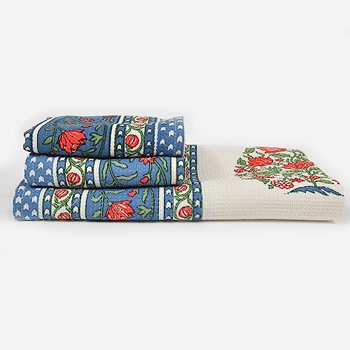 EasyGoods® Waffle Towels Beautiful Pure Cotton Hand Block Printed Soft Water Absorbent Towels- Pack of 3-1 Bath Towel and 2 Hand Towels Floral Printed 100% Cotton Towels for Bath, Face(Water Blue) - Image 3