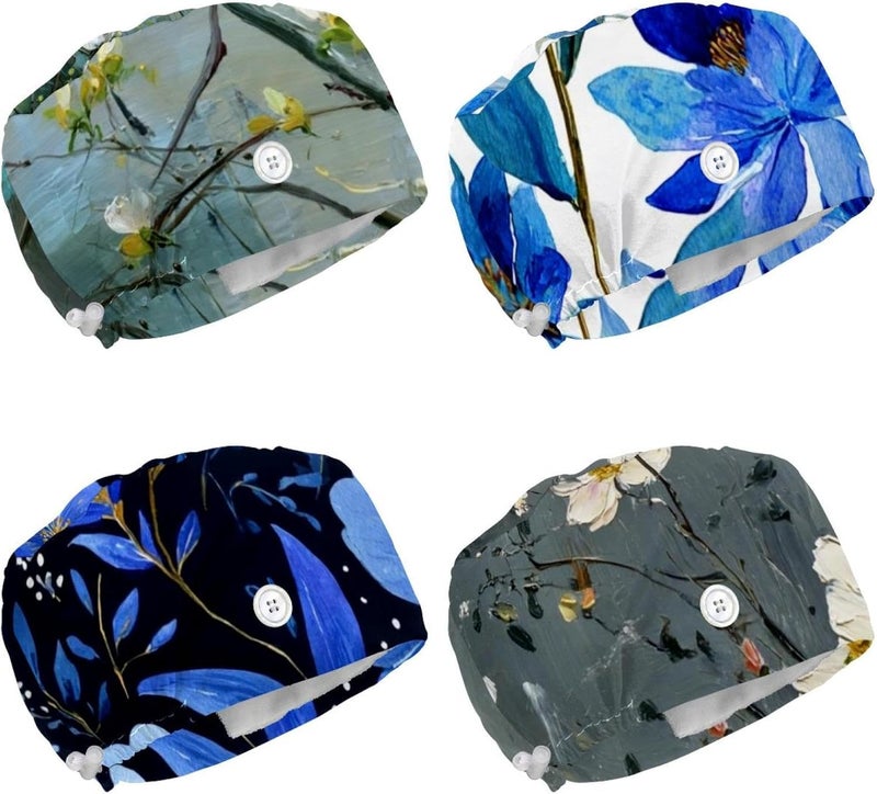 Adjustable Working Cap, 4 Packs Vintage Skull and Flowers Cherry Surgical Cap Sweatband, Tie Back Hat - Image 1