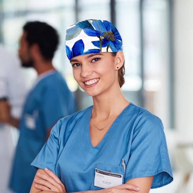 Adjustable Working Cap, 4 Packs Vintage Skull and Flowers Cherry Surgical Cap Sweatband, Tie Back Hat - Image 5