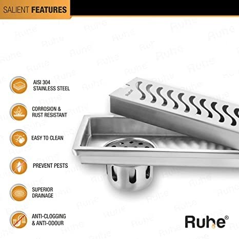 RUHE قناة تصريف الدش Ruhe Wave | 12 × 5 بوصة | قناة تصريف مياه الدش من الفولاذ المقاوم للصدأ 304 | تصريف أرضي مع فخ للصراصير، ثقب جانبي، وكولار - Image 4