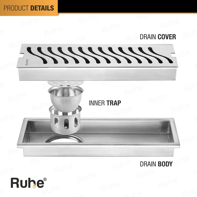 RUHE قناة تصريف الدش Ruhe Wave | 12 × 5 بوصة | قناة تصريف مياه الدش من الفولاذ المقاوم للصدأ 304 | تصريف أرضي مع فخ للصراصير، ثقب جانبي، وكولار - Image 3