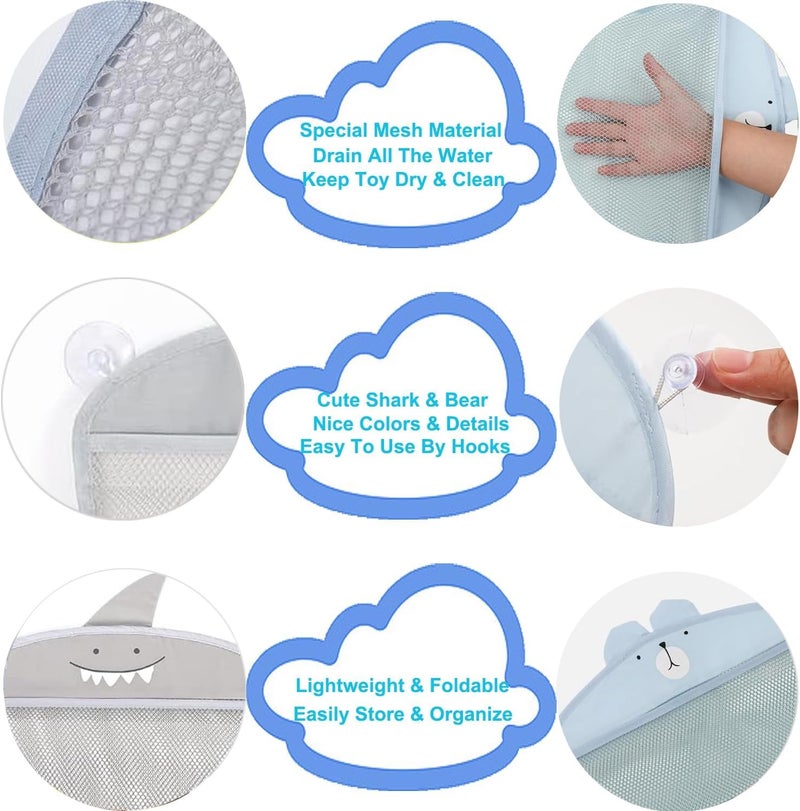 PINKE 2 Pack Mesh Bath Toy Organizer, Cute Shark & Bear Bath Toy Storage Net Bathtub Toy Organizer, Perfect Bathroom Hanging Storage Bag Quick Dry Bath Toy Holder Bag with Strong Hooks - Image 5