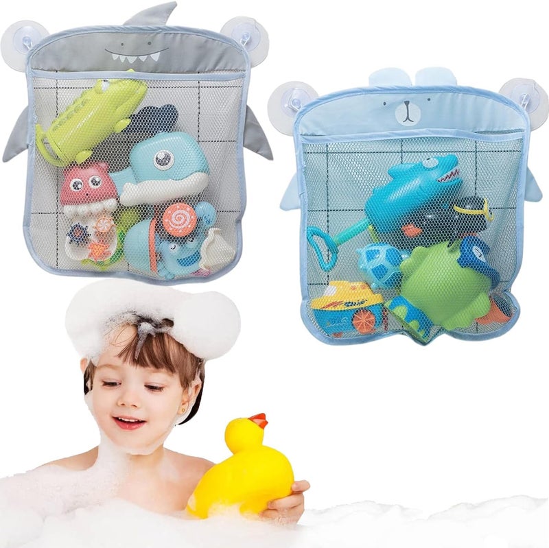 PINKE 2 Pack Mesh Bath Toy Organizer, Cute Shark & Bear Bath Toy Storage Net Bathtub Toy Organizer, Perfect Bathroom Hanging Storage Bag Quick Dry Bath Toy Holder Bag with Strong Hooks - Image 1