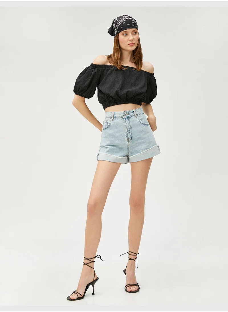 KOTON Puff Sleeve Off Shoulder Crop Blouse