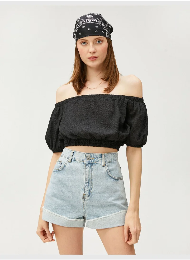 KOTON Puff Sleeve Off Shoulder Crop Blouse
