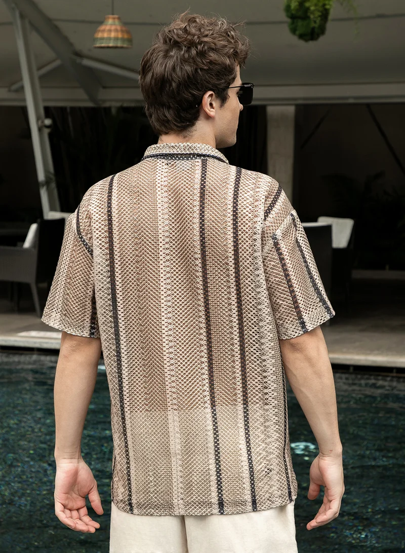 كامبوس سوترا Men's Sand Beige Striped Knit Oversized Shirt