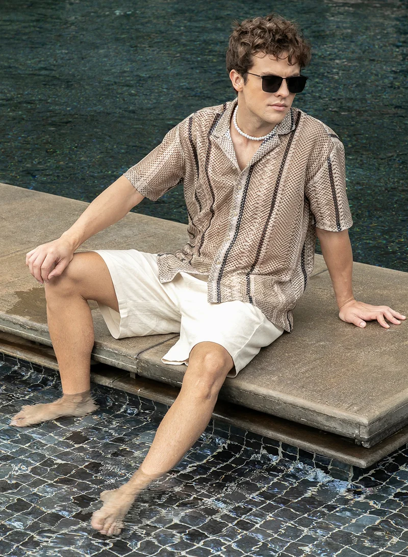 كامبوس سوترا Men's Sand Beige Striped Knit Oversized Shirt