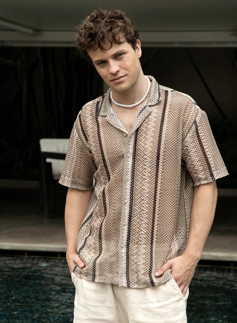 كامبوس سوترا Men's Sand Beige Striped Knit Oversized Shirt