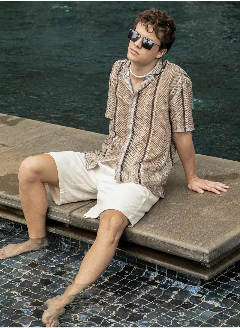 كامبوس سوترا Men's Sand Beige Striped Knit Oversized Shirt