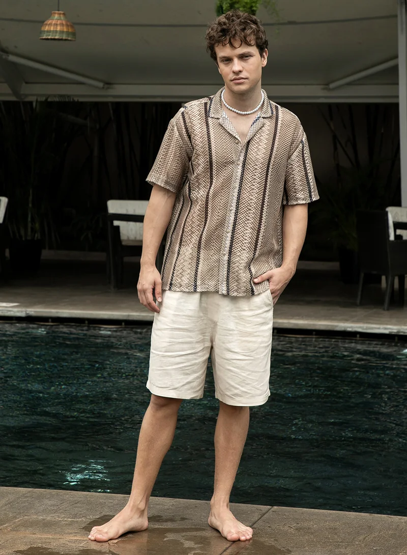كامبوس سوترا Men's Sand Beige Striped Knit Oversized Shirt