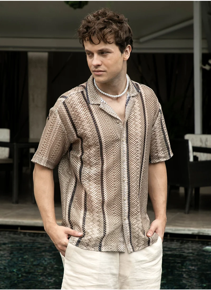 كامبوس سوترا Men's Sand Beige Striped Knit Oversized Shirt