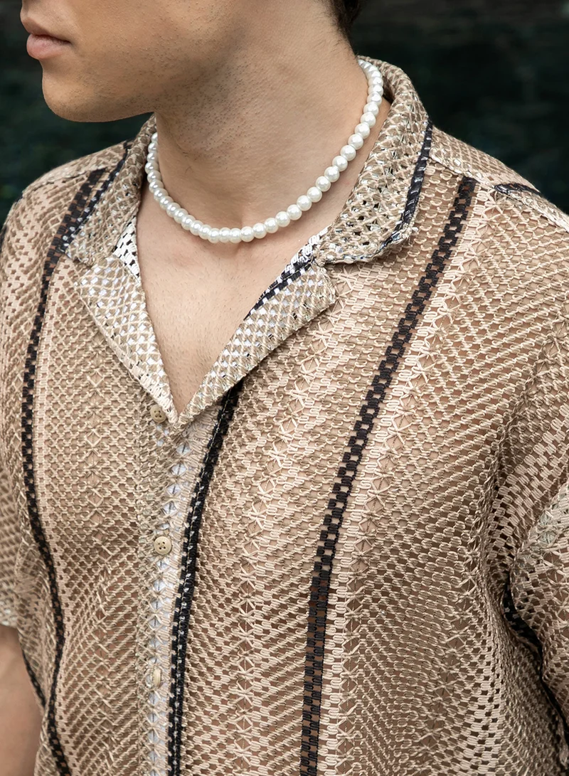كامبوس سوترا Men's Sand Beige Striped Knit Oversized Shirt
