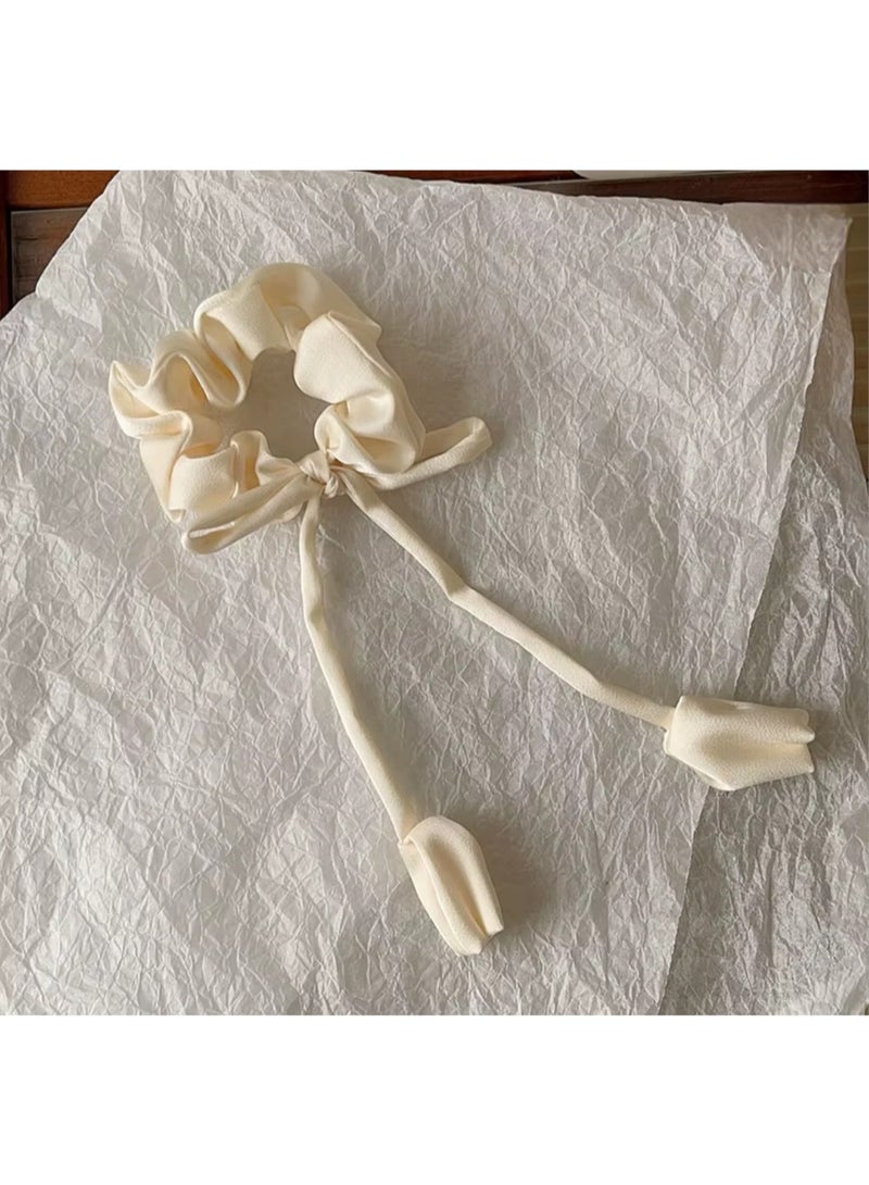 Off White Satin Bow Scrunchie with Long Floral Ribbon Ties - Image 2