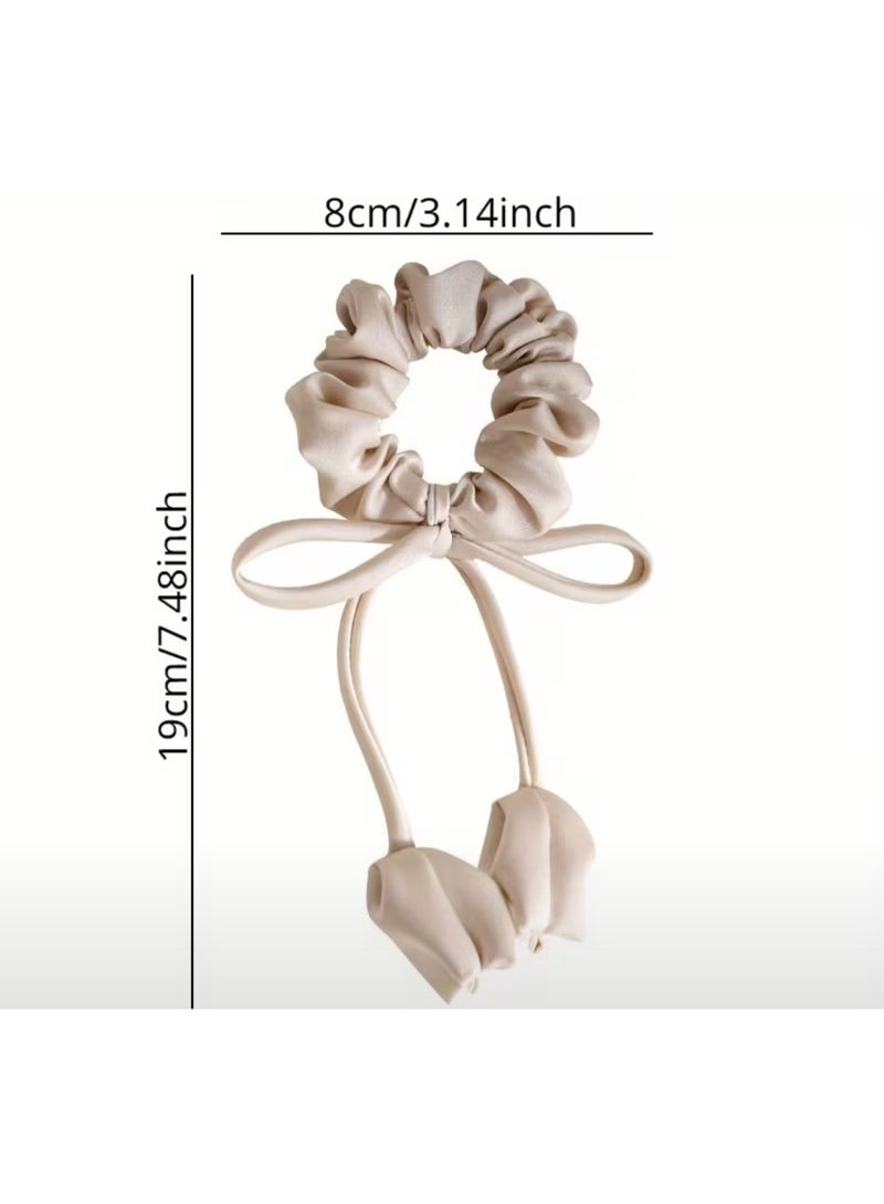 Off White Satin Bow Scrunchie with Long Floral Ribbon Ties - Image 3