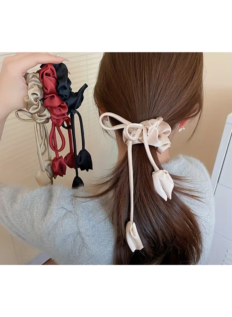 Off White Satin Bow Scrunchie with Long Floral Ribbon Ties - Image 4
