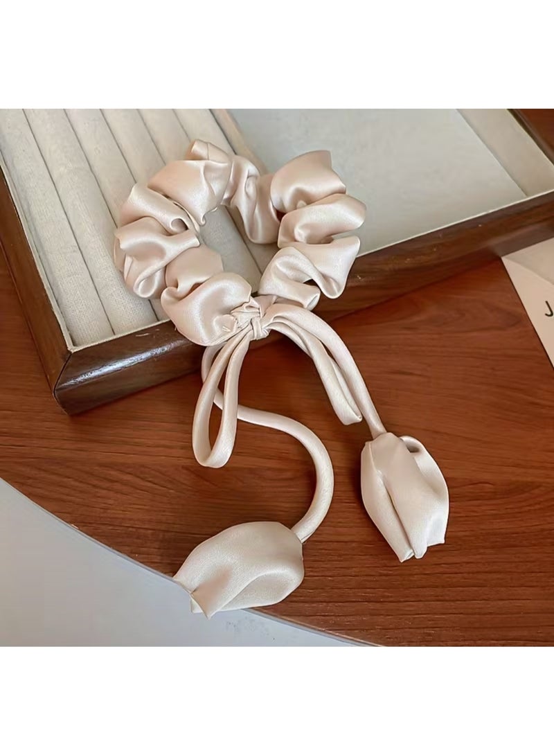 Off White Satin Bow Scrunchie with Long Floral Ribbon Ties - Image 1