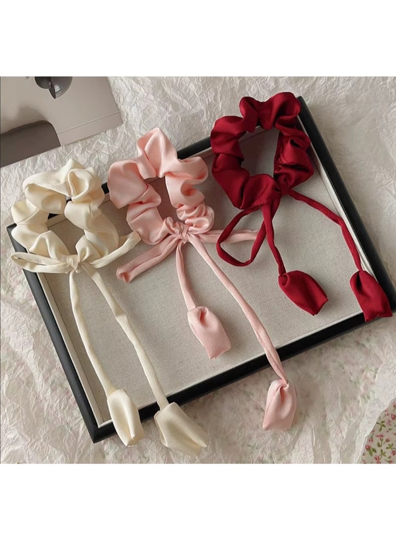 Off White Satin Bow Scrunchie with Long Floral Ribbon Ties - Image 5
