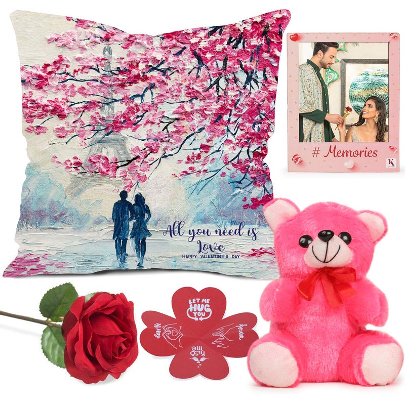Kaameri Bazaar Kaameri Bazaar Valentines Day Gift Combo Cushion Cover 12x12 with FillerTeddy Artificial Rose Photo Magnet Valentine Gifts Gift for Boyfriend Girlfriend Husband Wife Love Gift  - Image 1