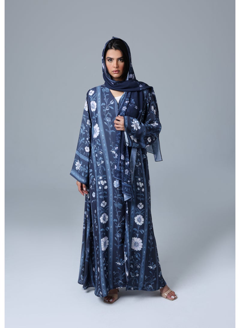 اكسا عباية انيقة تصميم منسدل نقوش زرقاء - Image 1
