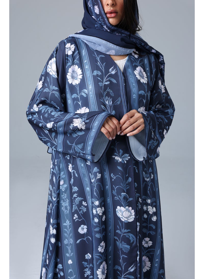 اكسا عباية انيقة تصميم منسدل نقوش زرقاء - Image 2